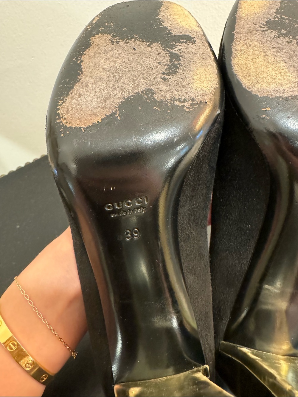 Gucci Vintage Black Suede Block Heels with Gold Button Detail - Picture 9 of 10